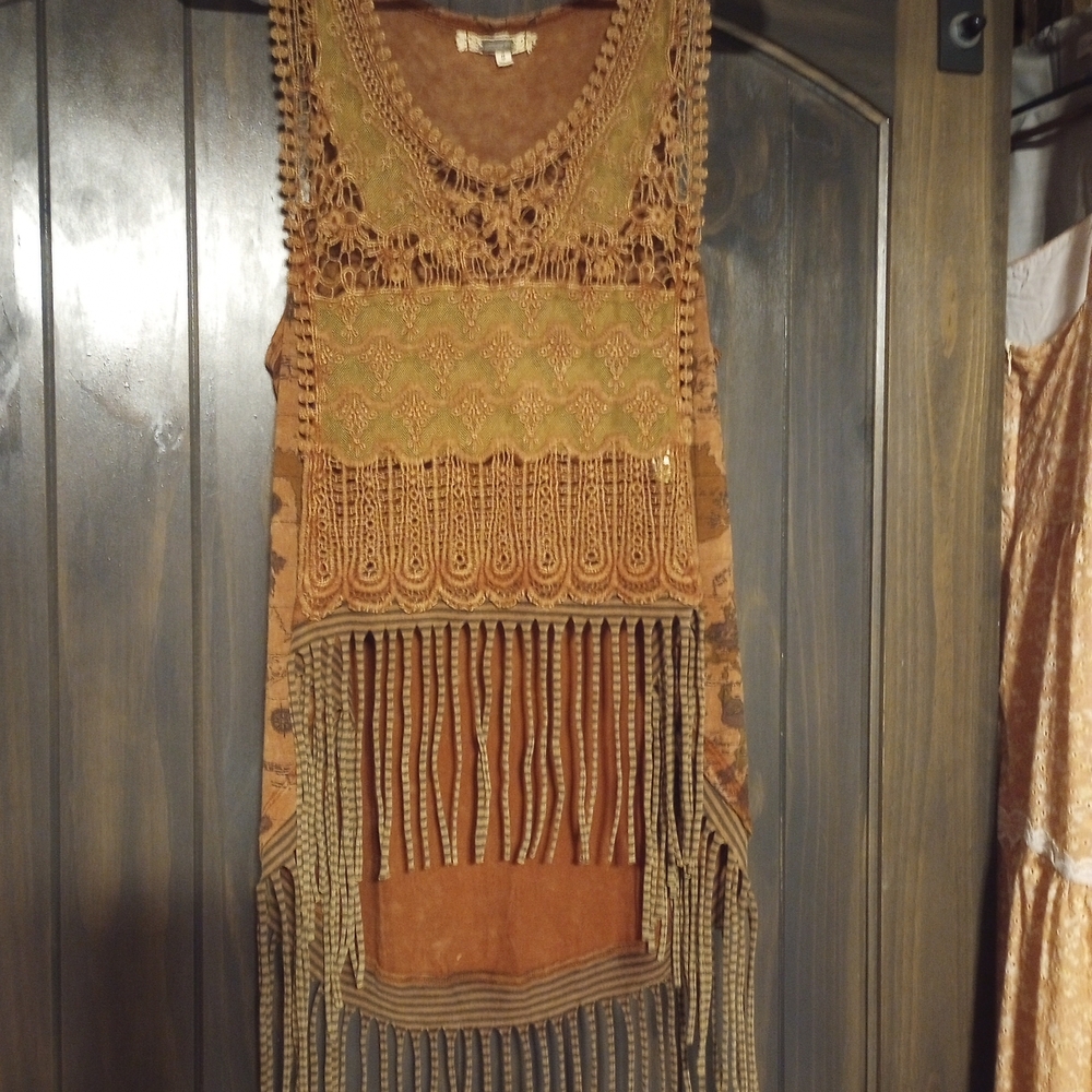 Gimmiks by BKE Brown,Tan and Rust Color Lace Detail Top,Boho, Festival